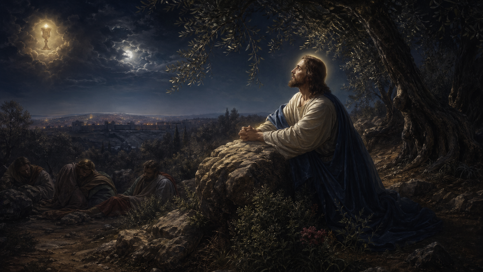 Jésus prie à Gethsémani sous les oliviers, tandis que les apôtres dorment et que Jérusalem apparaît au loin.