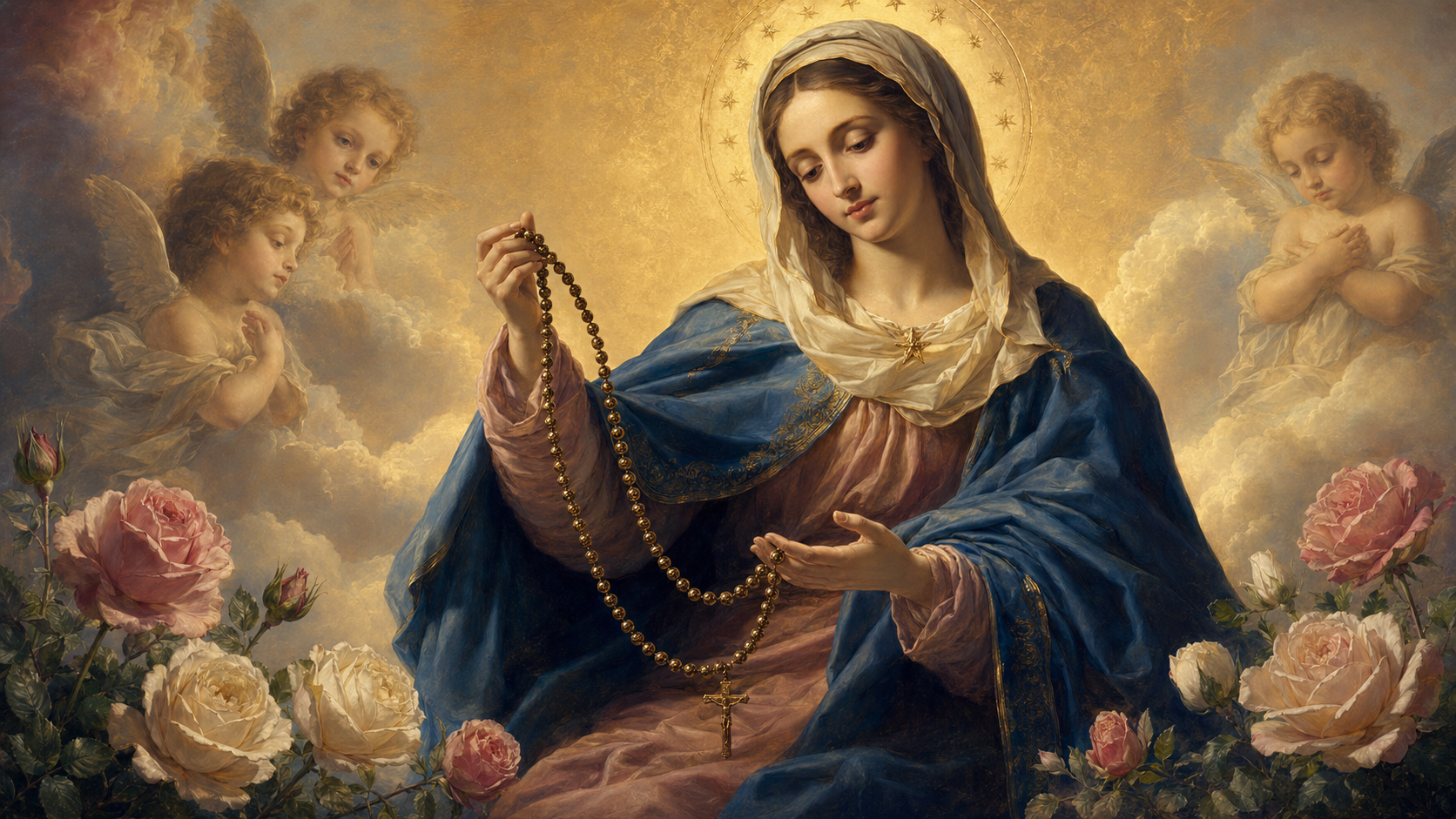 La Vierge Marie présente un chapelet dans une lumière dorée, entourée de roses et vêtue d'un manteau bleu.