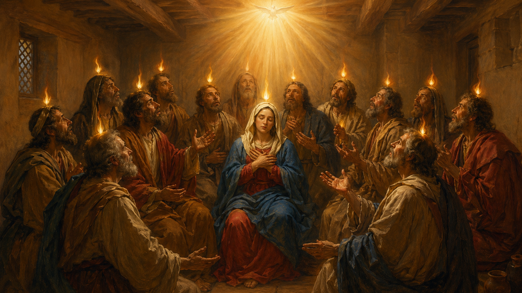 Marie prie au milieu des Apôtres dans la chambre haute, tandis qu'une lumière de Pentecôte descend sur eux.