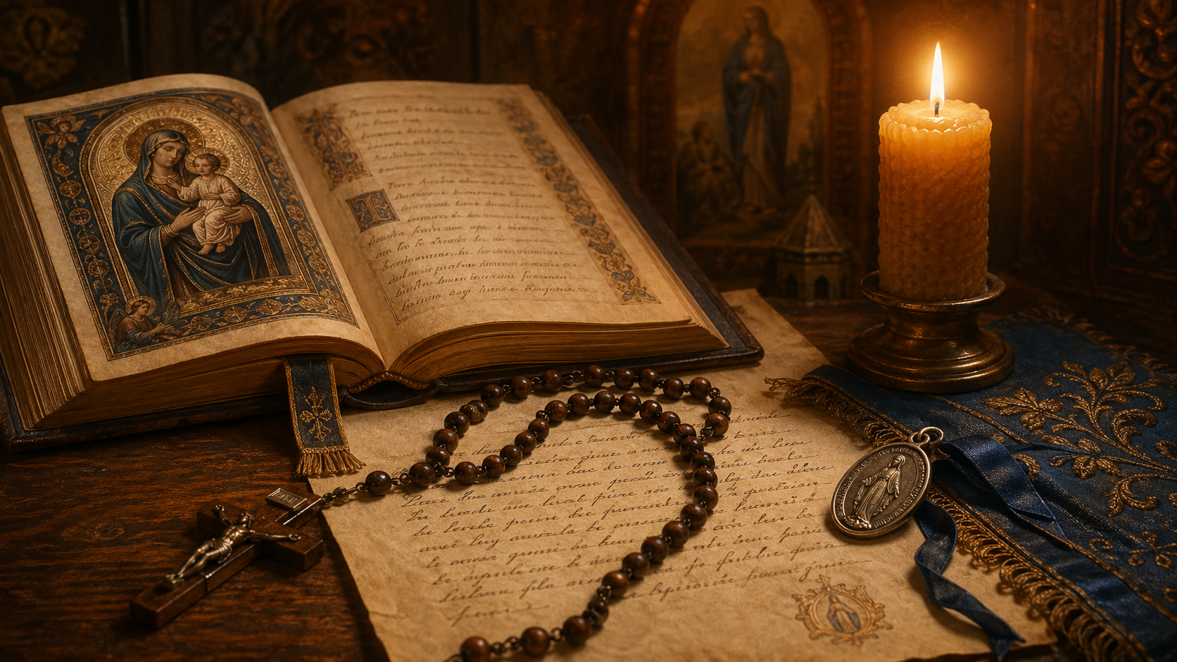 Missel enluminé, chapelet, médaille mariale et bougie allumée sur une table de bois.